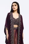 Buy_Onaya_Wine Crepe Embroidery Mirror Cape Open Floral Skirt Set _Online_at_Aza_Fashions