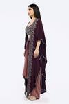 Shop_Onaya_Wine Crepe Embroidery Mirror Cape Open Floral Skirt Set _Online_at_Aza_Fashions