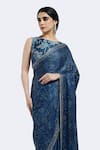 Shop_Onaya_Blue Bemberg Satin Print Floral Boat Neck Saree With Blouse _Online_at_Aza_Fashions