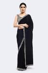 Buy_Onaya_Black Crepe Sequins Polo Collar Contrast Embellished Border Saree With Blouse _at_Aza_Fashions