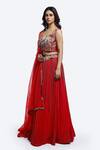Onaya_Red Georgette Embroidery Cutdana Paan Neck Stripe Embellished Lehenga Set _Online_at_Aza_Fashions