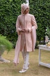 Buy_Philocaly_Pink Raw Silk Textured Beads Gulzaar Embroidered Sherwani And Kurta Set _at_Aza_Fashions