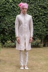 Buy_Philocaly_Off White Raw Silk Embroidered Beads Rooh Thread Sherwani And Kurta Set _Online_at_Aza_Fashions