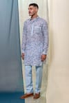 Buy_Philocaly_Blue Linen Printed Floral Salil Kurta _at_Aza_Fashions