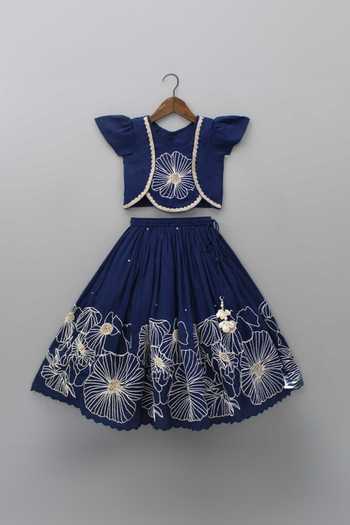 Buy_Rage Attire-Sweta Saria_Blue Bamboo, Linen Embroidery, Pearls Blossom Lehenga With Blouse _at_Aza_Fashions