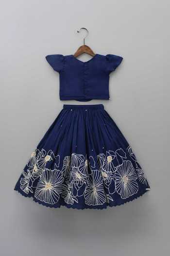 Shop_Rage Attire-Sweta Saria_Blue Bamboo, Linen Embroidery, Pearls Blossom Lehenga With Blouse _at_Aza_Fashions