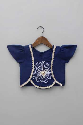 Rage Attire-Sweta Saria_Blue Bamboo, Linen Embroidery, Pearls Blossom Lehenga With Blouse _Online_at_Aza_Fashions