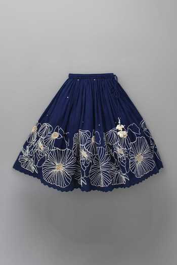 Buy_Rage Attire-Sweta Saria_Blue Bamboo, Linen Embroidery, Pearls Blossom Lehenga With Blouse _Online_at_Aza_Fashions