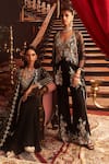 Shop_Seema Thukral_Black Georgette Embellished Laila Floral Applique Peplum Jacket Flared Pant Set _at_Aza_Fashions