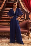 Buy_Seema Thukral_Blue Georgette Embellished Bead V-neck Babli Draped Jumpsuit _at_Aza_Fashions