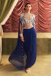 Buy_Seema Thukral_Blue Georgette Embellished Bead Cape Chikni Floral Applique Draped Skirt Set _at_Aza_Fashions