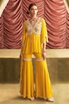 Buy_Seema Thukral_Yellow Georgette Embroidery Thread Leaf Jyoti Floral Peplum Kurta And Gharara Set _at_Aza_Fashions