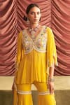 Seema Thukral_Yellow Georgette Embroidery Thread Leaf Jyoti Floral Peplum Kurta And Gharara Set _Online_at_Aza_Fashions