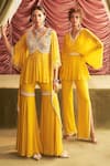 Seema Thukral_Yellow Georgette Embroidery Thread V Prerna Neckline Peplum Kurta And Pant Set _Online_at_Aza_Fashions