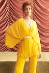 Seema Thukral_Yellow Georgette Embroidery Thread V Prerna Neckline Peplum Kurta And Pant Set _at_Aza_Fashions