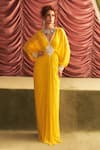 Seema Thukral_Yellow Georgette Embroidery Mirror V Neck Kavita Draped Dress _Online_at_Aza_Fashions