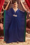 Buy_Seema Thukral_Blue Chiffon Embroidery Mirror V Neck Mohini Placement Kaftan _at_Aza_Fashions