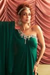 Seema Thukral_Emerald Green Chiffon Embroidery Mirror Reshma One Shoulder Draped Kaftan _Online_at_Aza_Fashions