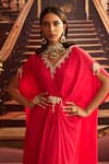 Buy_Seema Thukral_Pink Chiffon Embroidery Bead Tassel V Neck Soni Draped Kaftan _Online_at_Aza_Fashions