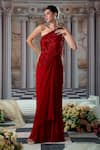 Buy_Nidhika Shekhar_Red Crepe Embroidery Sequins Asymmetric Neck Divine Draped Gown _at_Aza_Fashions