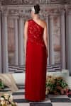 Shop_Nidhika Shekhar_Red Crepe Embroidery Sequins Asymmetric Neck Divine Draped Gown _at_Aza_Fashions