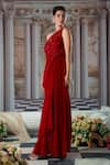 Shop_Nidhika Shekhar_Red Crepe Embroidery Sequins Asymmetric Neck Divine Draped Gown _Online_at_Aza_Fashions