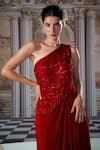 Nidhika Shekhar_Red Crepe Embroidery Sequins Asymmetric Neck Divine Draped Gown _at_Aza_Fashions