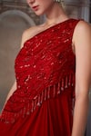 Buy_Nidhika Shekhar_Red Crepe Embroidery Sequins Asymmetric Neck Divine Draped Gown 