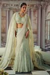 Buy_Nidhika Shekhar_Grey Georgette Embroidery Linear V Neck Celestial Sequin Cape And Lehenga Set _at_Aza_Fashions