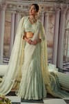 Shop_Nidhika Shekhar_Grey Georgette Embroidery Linear V Neck Celestial Sequin Cape And Lehenga Set _Online_at_Aza_Fashions