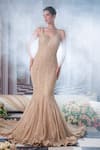 Buy_Nidhika Shekhar_Beige Organza Embroidery Sequins Sweetheart Neck Aphrodite Goddess Fish Cut Gown 