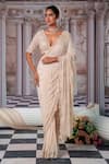 Nidhika Shekhar_Beige Foil Georgette Embroidery Super Aphrodite Pre-draped Saree With Blouse _Online_at_Aza_Fashions