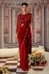 Buy_Nidhika Shekhar_Red Crepe Embroidery Sequins Cape Round Venus Pre-draped Saree And Set _at_Aza_Fashions