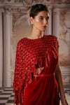 Nidhika Shekhar_Red Crepe Embroidery Sequins Cape Round Venus Pre-draped Saree And Set _at_Aza_Fashions