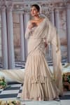 Buy_Nidhika Shekhar_Beige Organza Embroidery Sequins Elysian Ruffled Pre-draped Saree And Blouse Set _at_Aza_Fashions