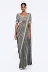 Buy_Onaya_Green Crepe Cut Work, Stripe Embellished Pre-stitched Saree With Blouse _at_Aza_Fashions