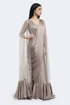 Buy_Onaya_Beige Satin Embellished Sequin Blouse Pre-stitched Saree Set With Stripe Cape _at_Aza_Fashions