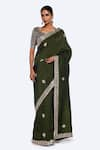 Buy_Onaya_Green Bemberg Russian Embroidery Zari Kota Paan Neck Saree With Blouse _at_Aza_Fashions