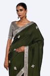 Shop_Onaya_Green Bemberg Russian Embroidery Zari Kota Paan Neck Saree With Blouse _Online_at_Aza_Fashions