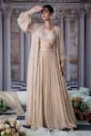 Buy_Nidhika Shekhar_Beige Georgette Embroidery Sequins Cape Open Neck Venus And Lehenga Set _Online_at_Aza_Fashions