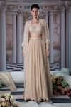 Shop_Nidhika Shekhar_Beige Georgette Embroidery Sequins Cape Open Neck Venus And Lehenga Set _Online_at_Aza_Fashions