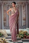 Buy_Nidhika Shekhar_Purple Foil Georgette Embroidery Sequins Goddess Pre-draped Saree With Blouse _at_Aza_Fashions