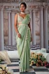 Buy_Nidhika Shekhar_Green Zari Georgette Embroidery Divine Placement Pre-draped Saree And Blouse Set _Online_at_Aza_Fashions