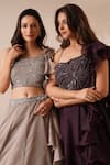 Chaashni by Maansi and Ketan_Wine Organza Embroidery Sequin Asymmetric Ruffle Lehenga And Blouse Set _at_Aza_Fashions