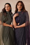 Buy_Chaashni by Maansi and Ketan_Green Lycra Embroidered Bead Blouse High Neck Pre-draped Saree Cape Set _Online