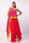 Buy_Swati Vijaivargie_Fuchsia Kaftan Tunic Silk Printed Flower One Rumi Layered With Draped Skirt _at_Aza_Fashions