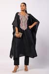 Buy_Swati Vijaivargie_Black Silk Embroidered Resham Notched Round Kaftan With Straight Pant _at_Aza_Fashions