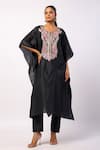 Swati Vijaivargie_Black Silk Embroidered Resham Notched Round Kaftan With Straight Pant _Online_at_Aza_Fashions