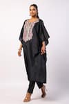 Buy_Swati Vijaivargie_Black Silk Embroidered Resham Notched Round Kaftan With Straight Pant _Online_at_Aza_Fashions