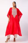 Buy_Swati Vijaivargie_Red Silk Embroidered Resham Round Kaftan With Solid Pant _at_Aza_Fashions